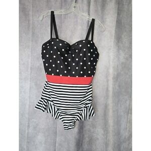 ModCloth BLACK POLKA DOT Katie Polka-Dot Bandeau One-Piece Swimsuit, US XL